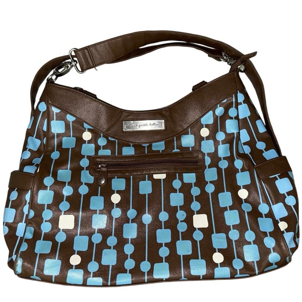 Petunia Pickle Bottom Brown Blue Faux Leather Zipper Pockets Diaper Bag w Straps